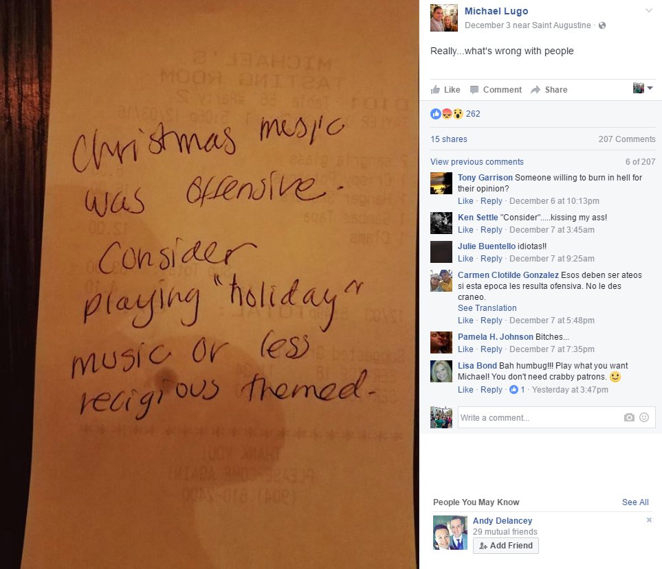 Customer in St Augustine complains about offensive religious Christmas music