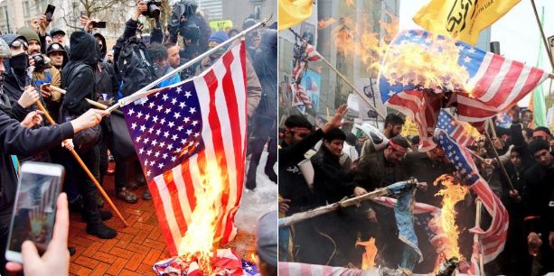 On the left American Liberals burning the American Flag on the Right Iranians See the Difference?
