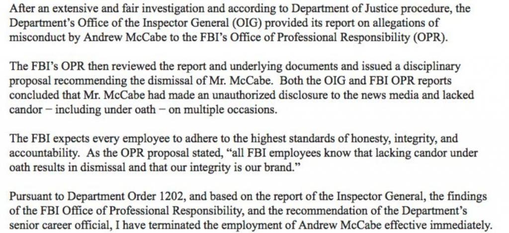 Sessions statement on the firing of McCabe