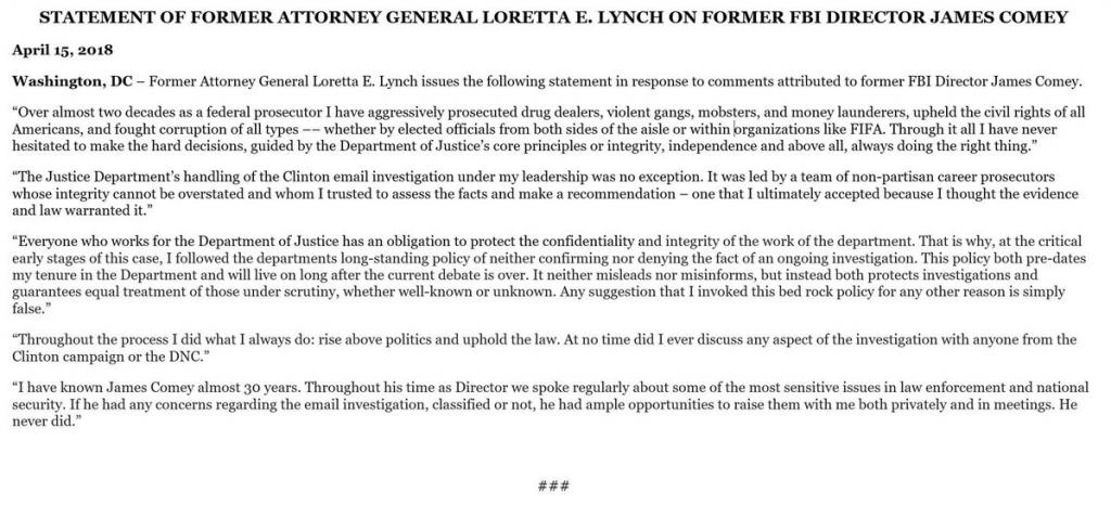 Former AG Lynch on Former FBI Director Comey Statement 4-15-18