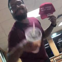 Kino Jimenez Violent hater stole MAGA hat from teen and threw a drink on him