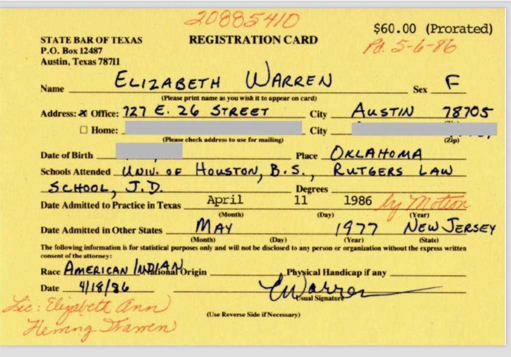 State Bar of Texas Elizabeth Warren registered as an American Indian Fauxahauntus