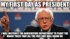Bernie Sanders first day as president he will plant the magic trees that grow the free stuff