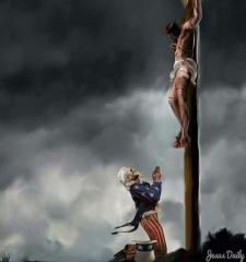 America praying at the foot of Jesus on the cross