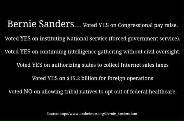 Bernie Sanders voted YES on Congressional pay raise forced government service spying internet sales taxes and billions for foreign operations