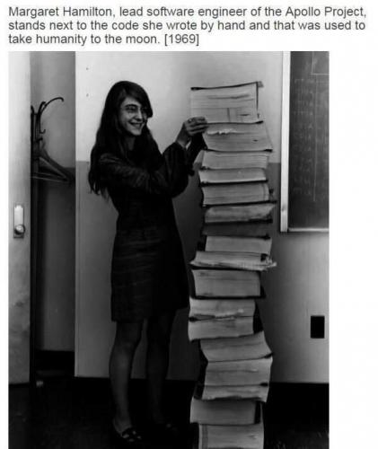 Margaret Hamilton lead software engineer of the Apollo Project inspects her code