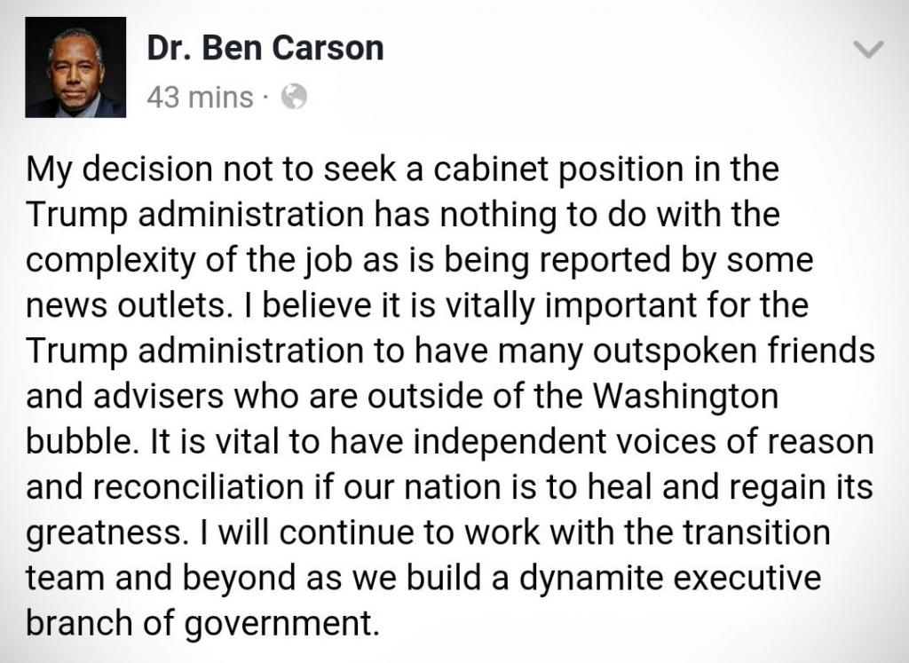 Ben Carsons statement on working with Trump