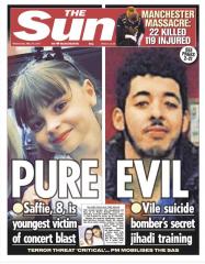 The Sun Front page for May 24 PURE EVIL Manchester Terrorist Attack at Arena