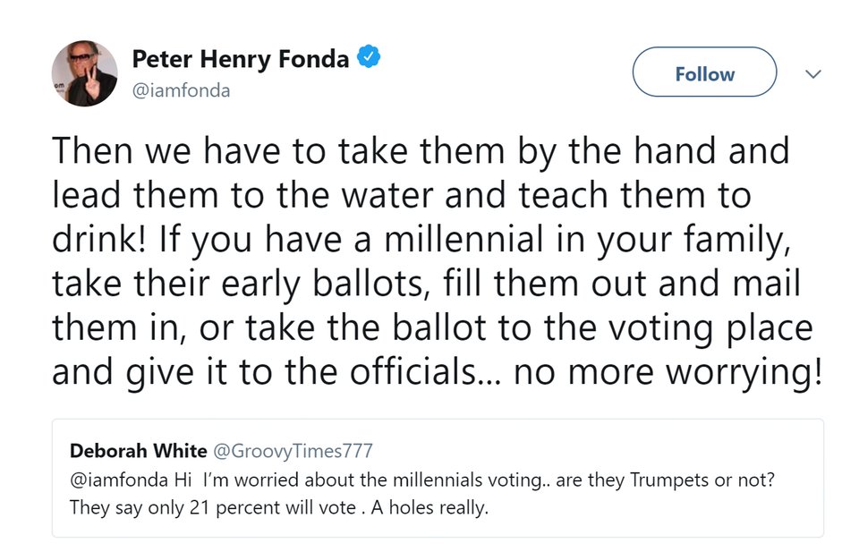 Peter Fonda calls for Democrats to steal young peoples votes - a felony - voter fraud