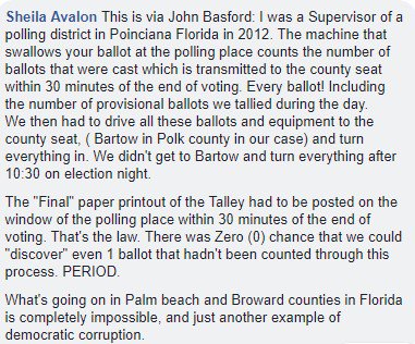 Reportedly Sheila Avalon Posts Statement by John Basford Previous Poinciana FL Polling Supervisor