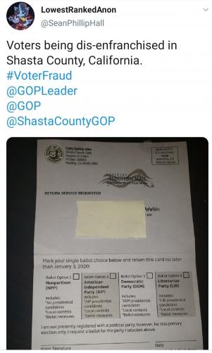 Voter Fraud Shasta County California sends party sign up mail without a choice for the Republican party on it