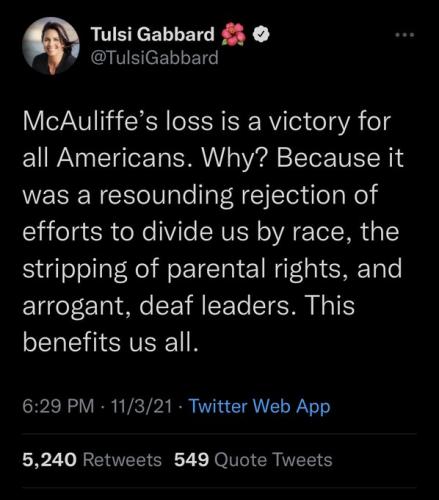 Hawaii&#039;s ex Senator Tulsi Gabbard Is Glad Youngkin Won VA Gov